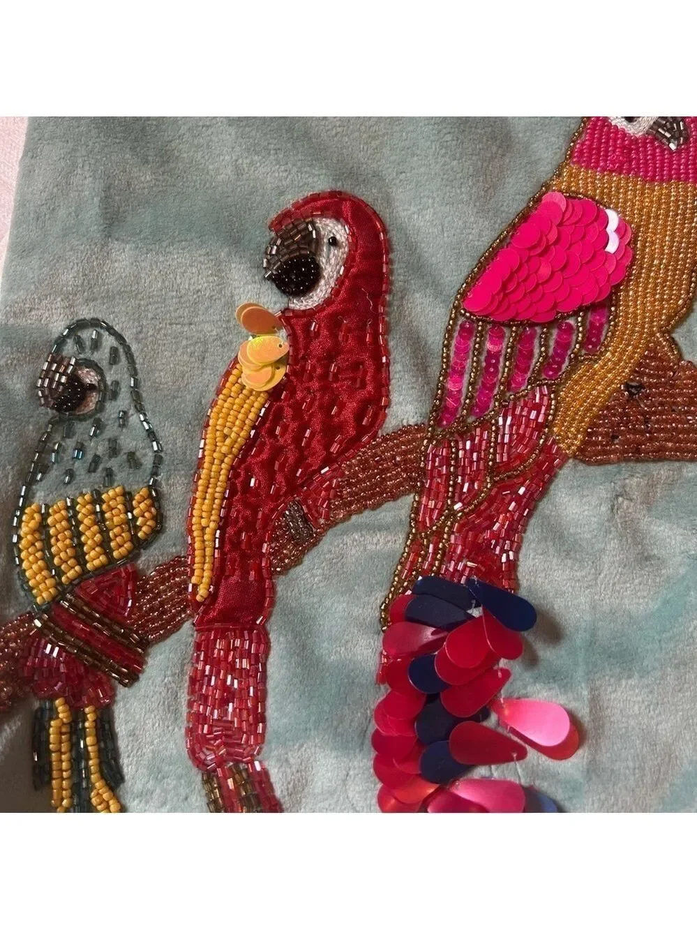 Velvet Aqua Beaded Sequin Pillow Covers Set of 2 Birds Cotton Zipper Closure